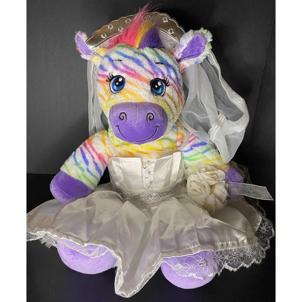 Build A Bear Rainbow Zebra Plush Bride Wedding Dress, Veil, Garter Belt BAB
